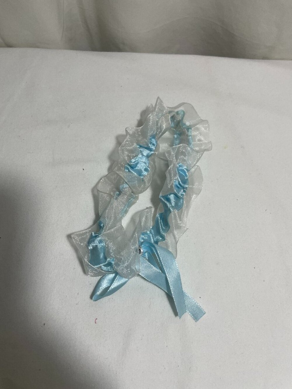 Blue White Bridal Thigh Garter Satin Ribbon Bow Rhinestone Wedding Accessory